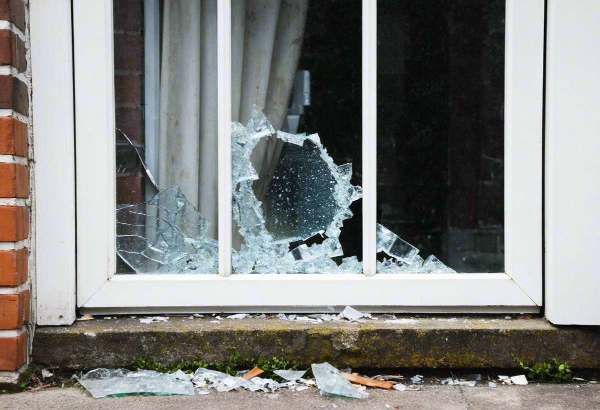 Rear window with the glazing smashed and broken glass on the sill and path